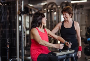 Two cheerful seniors women friends in gym doing strength workout exercise.