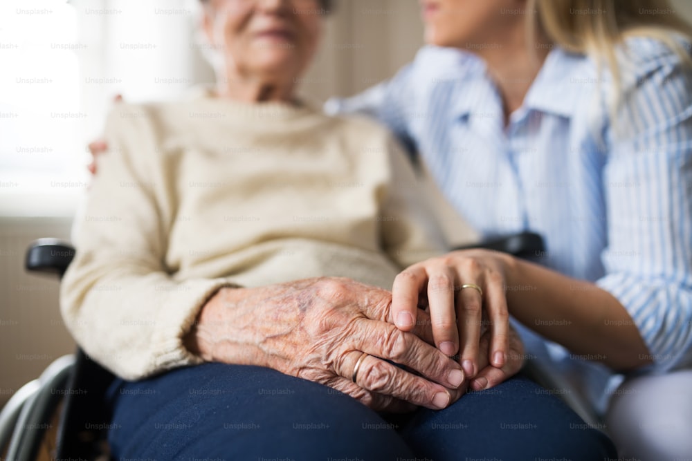 Unrecognizable senior woman in wheelchair with a health visitor at home at Christmas time.