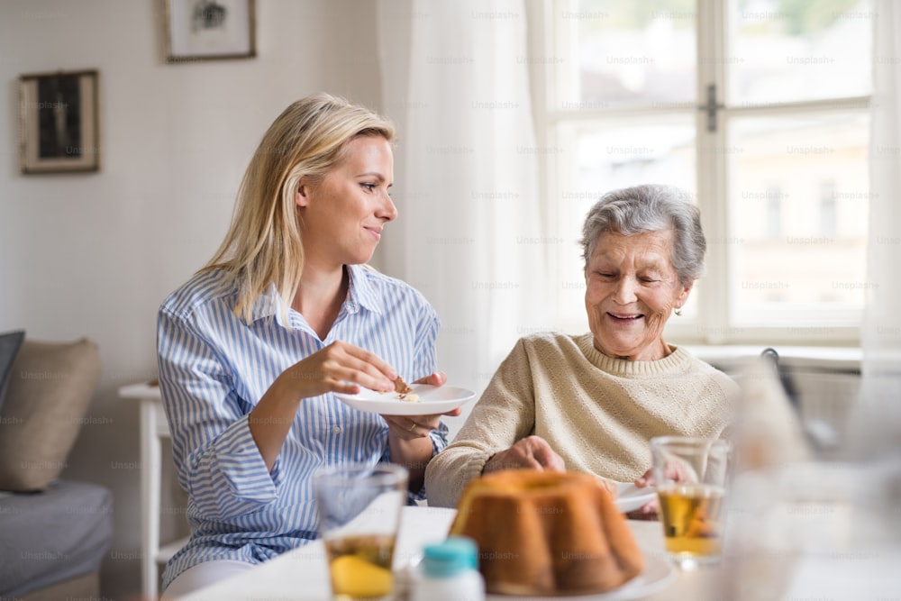 휠체어를 탄 노인 여성과 건강 방문자가 집 테이블에 앉아 식사를 하고 있다.