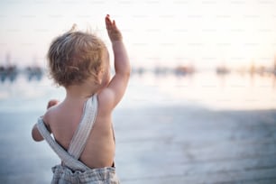 Una vista trasera de una niña pequeña de pie en la playa en vacaciones de verano, con el brazo levantado. Espacio de copia.