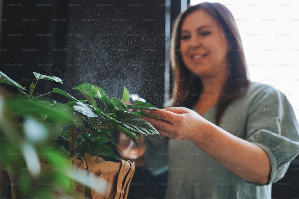 Erwachsene Brünette mittleren Alters lächelnde Frau fünfzig Jahre im Kleid sprüht Zimmerpflanzen durch Wasser in der Küche zu Hause, selektiver Fokus