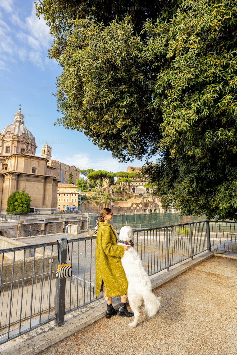 Donna con il suo cane che si gode la vista sul foro romano nel centro di Roma. Concetto di stile di vita italiano e di viaggio in Italia. Donna che indossa cappotto e scialle in pelo con cane da pastore italiano