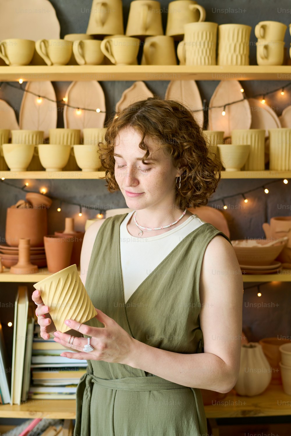 Mujer joven en ropa casual mirando una taza de arcilla hecha a mano en sus manos mientras está de pie junto a la exhibición con loza y eligiendo el regalo
