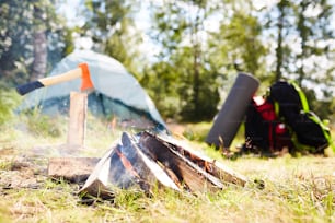 Pile of burning woods on green grass not far from tourist tent in natural environment