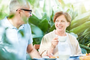 Happy aged woman having drink by breakfast and talking to her husband in home garden