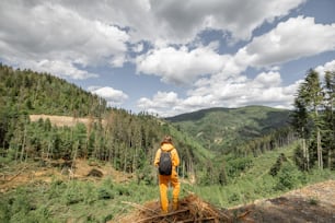 Person in orange sportsuit and backpack enjoys great view on the mountains, traveling on nature on summer time