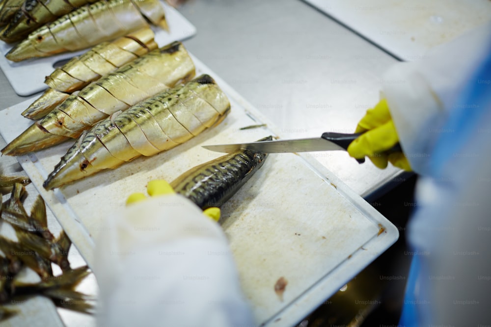 Il personale della fabbrica di pesce affetta le sardine affumicate a bordo prima della pesatura e dell'inscatolamento