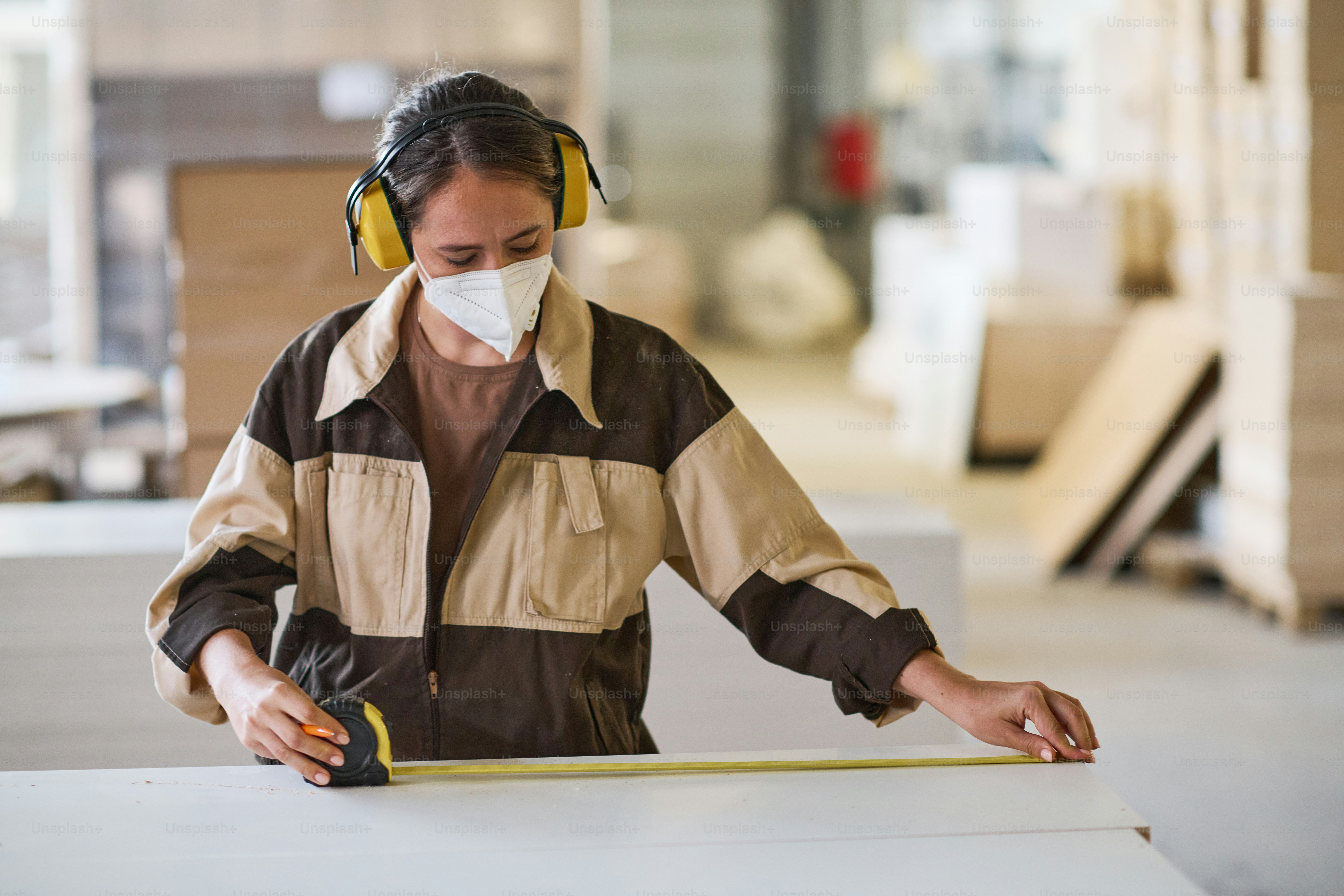 Young female worker in mask and uniform making measurements with tape ...