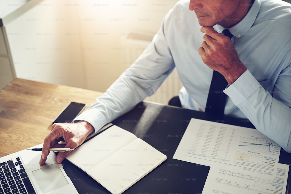 Mature financial planner sitting at his desk in an office working online with a laptop and going over documents