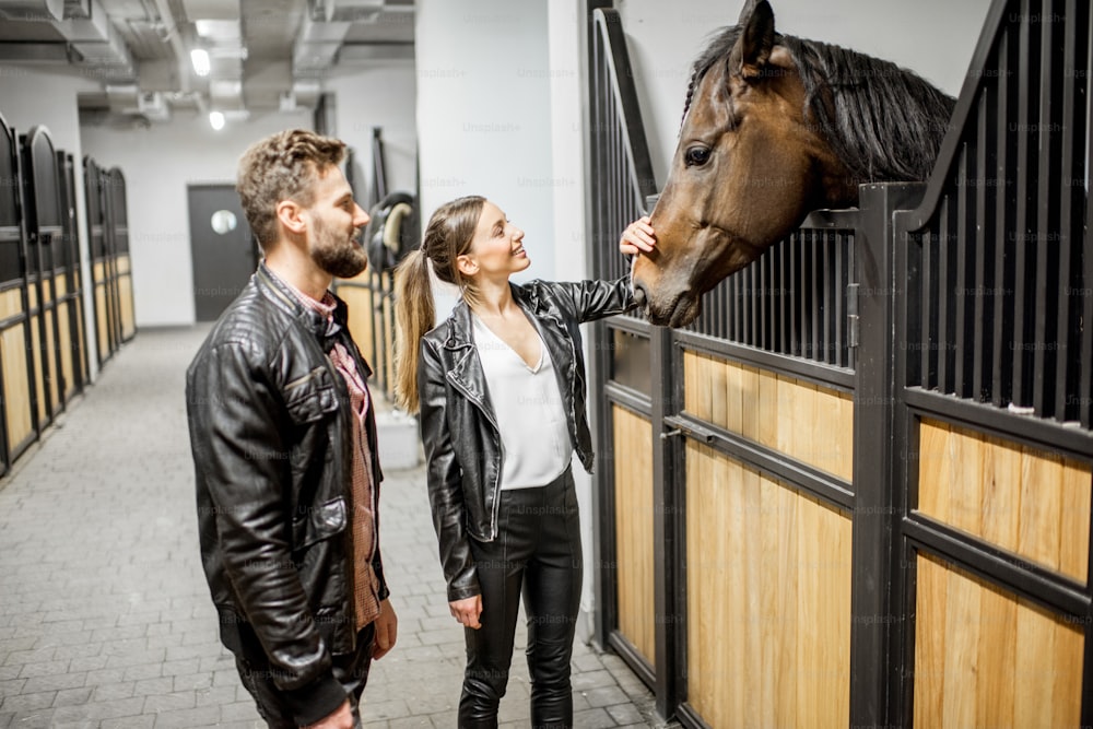 Young couple riders in leather jackets standing in the beautiful stable stroking a horse head