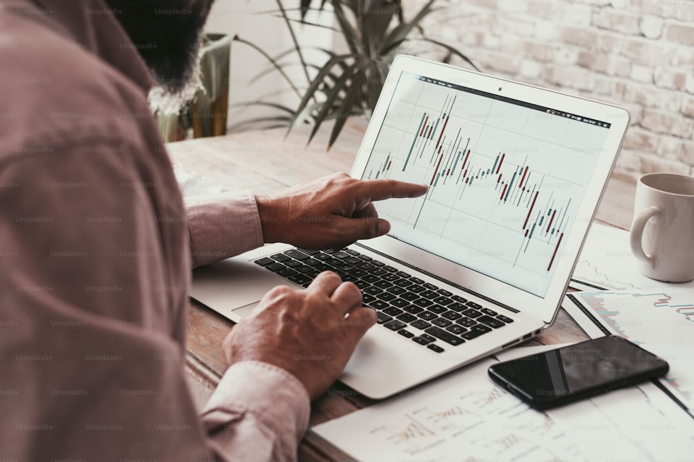 Back view of man reading forex chart on laptop display. Bad indication on graph and bankrupt economy. Trader studying barrels online. Concept of work and investment on stock market crypto currency