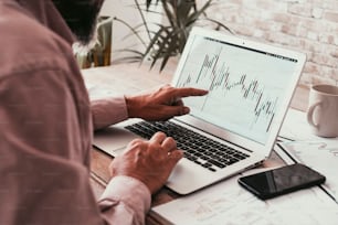 Vista posterior del hombre leyendo el gráfico de divisas en la pantalla de la computadora portátil. Mala indicación en el gráfico y economía en bancarrota. Trader estudiando barriles en línea. Concepto de trabajo e inversión en el mercado de valores criptomoneda