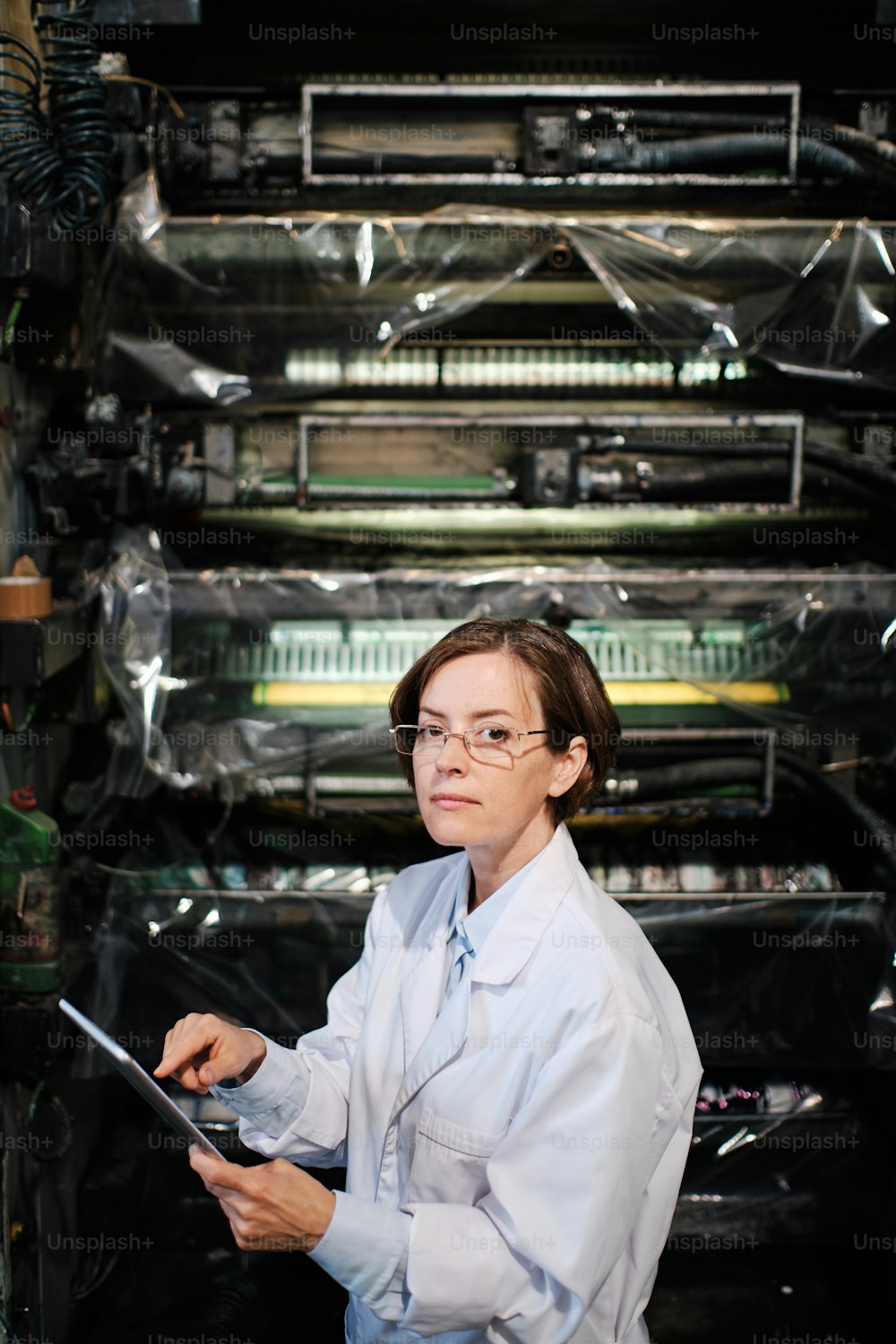 Portrait of female factory worker wearing glasses and white robe, using tablet for quality control and logistic purposes at polymer plastic manufacturing, standing between shelves with polymer rolls