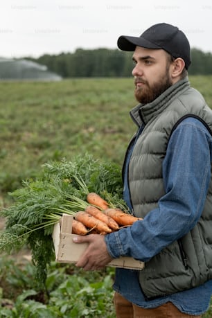 Serious young bearded farmer in warm vest carrying wooden box of carrots while crossing field