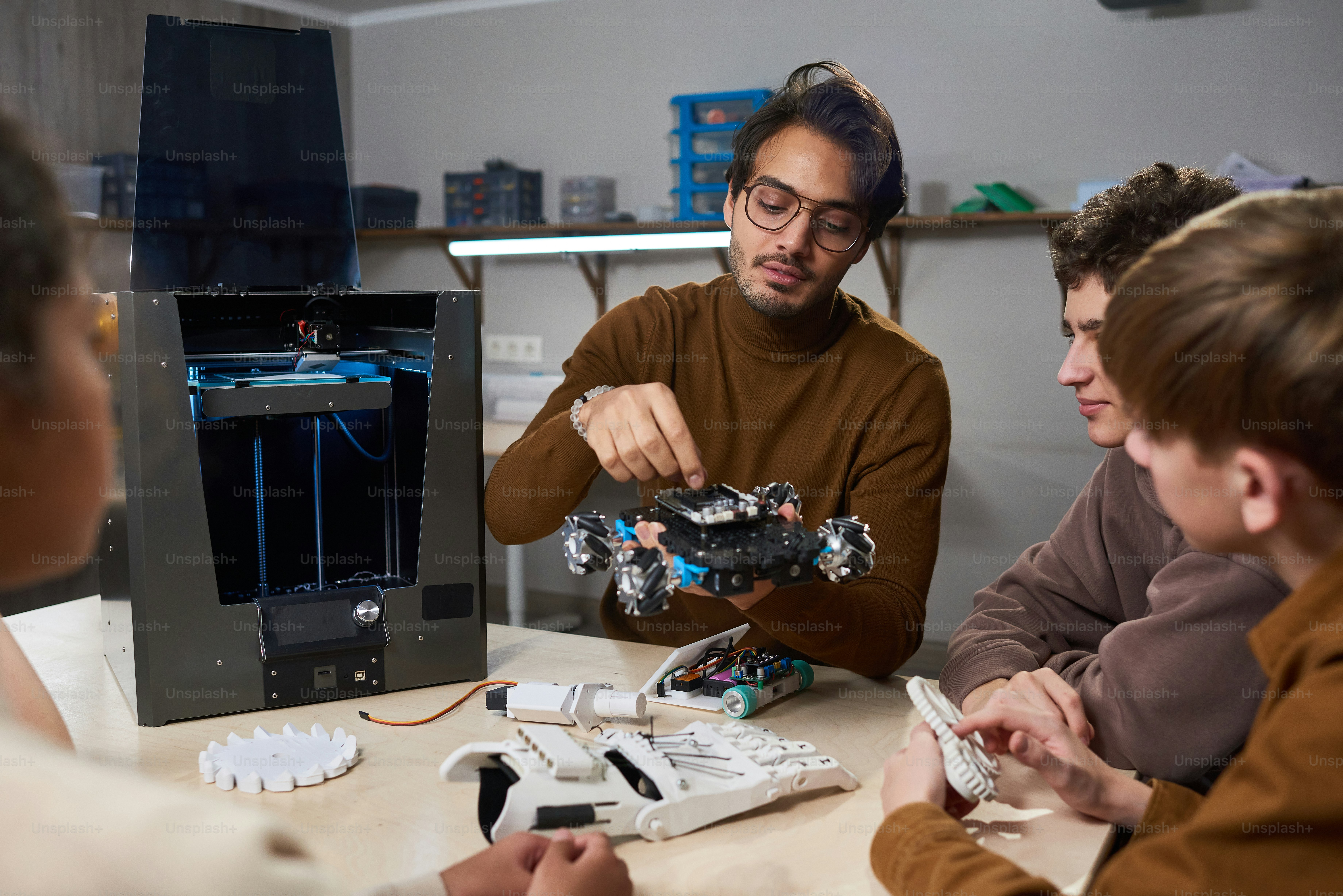 Junger Lehrer, der seinen Schülern zeigt, wie man Robotermaschinen baut, während sie während des Unterrichts an der naturwissenschaftlichen Schule am Tisch sitzen