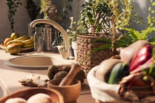Part of sunlit kitchen with sink surrounded by fresh fruits and vegetables such as bananas, mango, kiwi and others