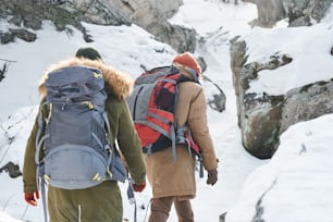 Rear view of unrecognizable young people wearing warm clothes and backpacks hiking in mountains on winter day