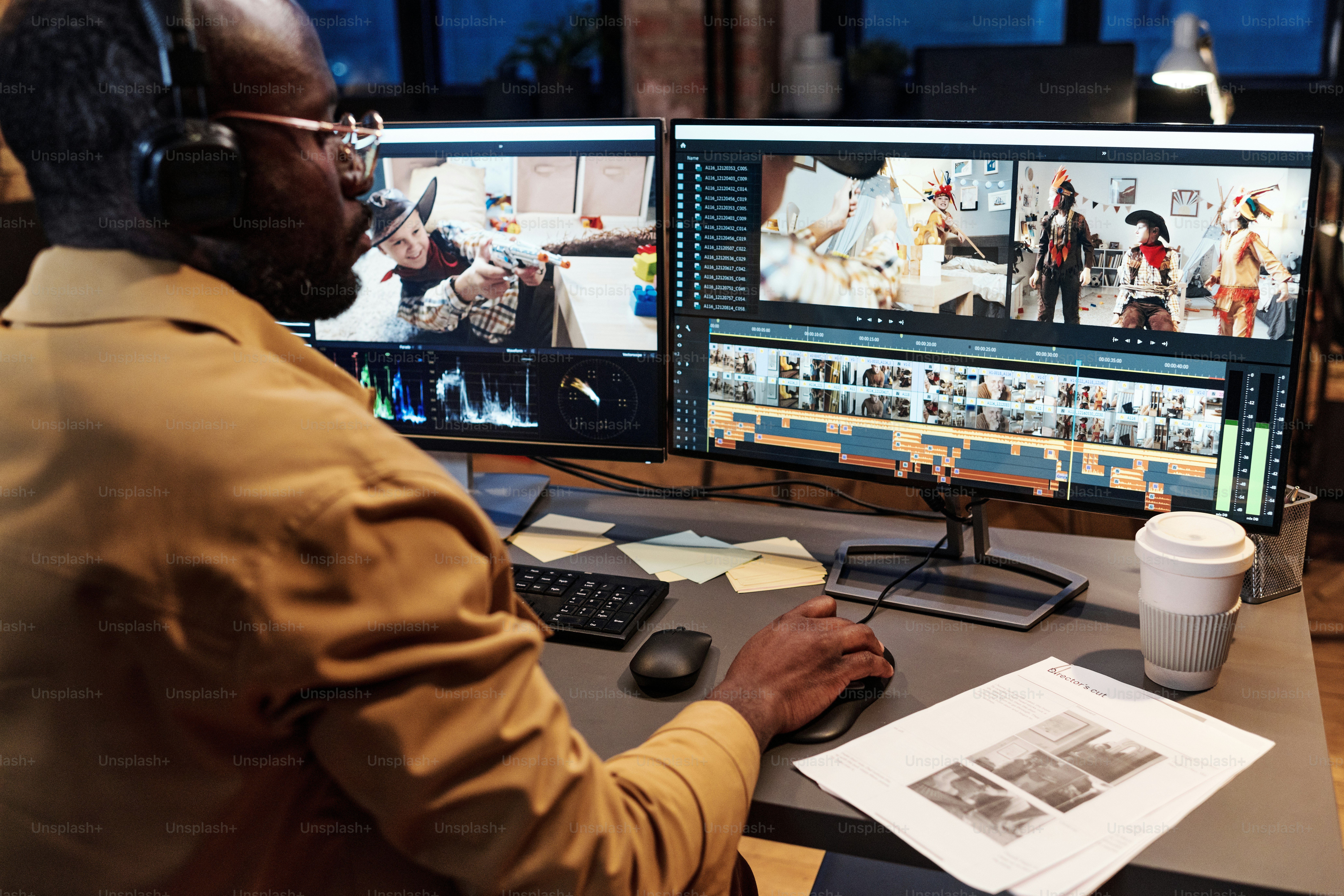 African colorist in headphones looking at project on table and checking the work on computer monitor at table