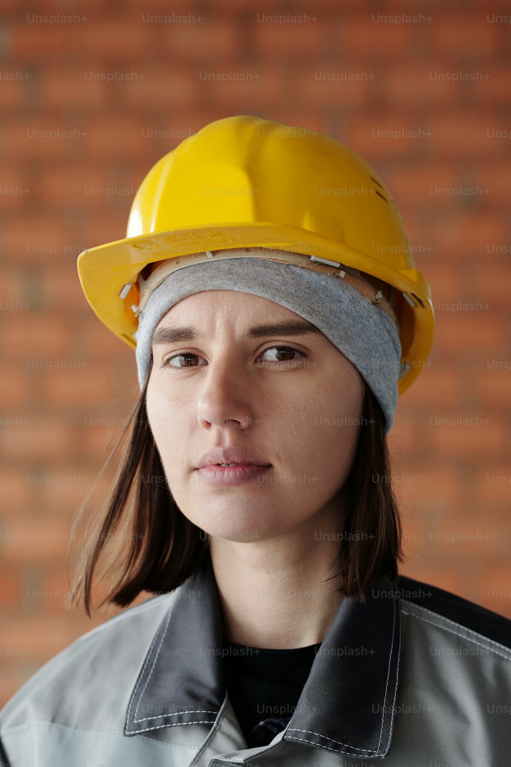 Face of young serious female engineer in protective helmet looking at camera while standing against brick wall of unfinished building