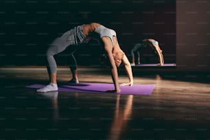 Focused fit brunette in sportswear doing bridge pose on the mat in gym. In background mirror. Get fit for life, not just summer.