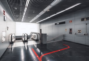 바르셀로나 엘 파트 BCN 공항 터미널 내부의 현대적인 에스컬레이터 및 계단, 바닥에 화살표가있는 빨간색 선, 비상구 및 방음 천장
