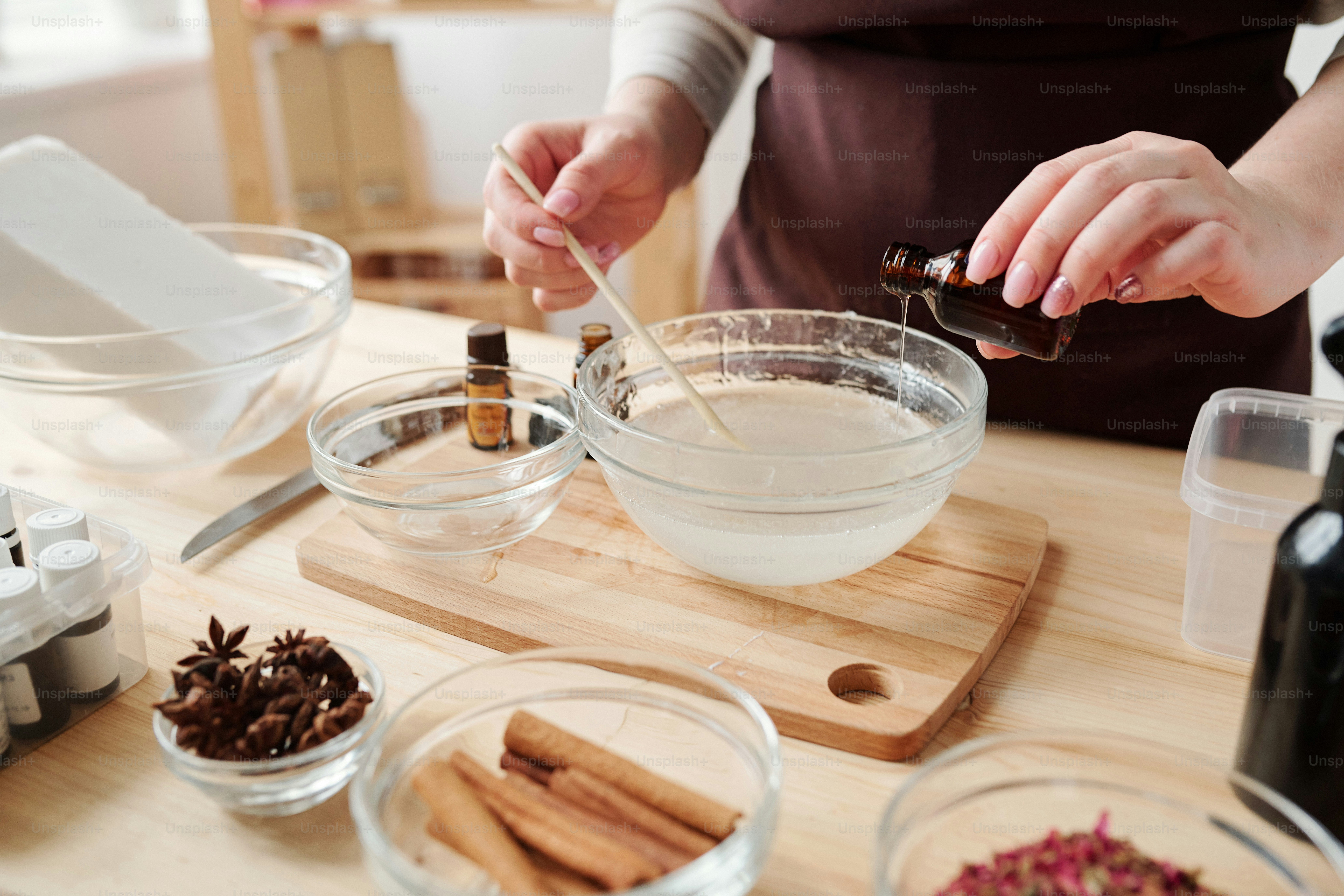 natural beauty routine with kitchen ingredients arranged on a wooden table