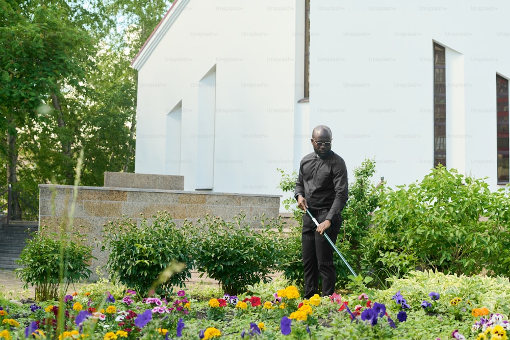 Joven negro calvo en pantalones y camisa con cuello clerical usando rastrillo mientras cuida flores y otras plantas en el jardín de la iglesia