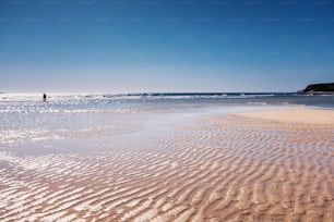 Couple enjoying the sand beach and blue ocean sky and water in summer holiday vacation. Concept of travel lifestyle and people together. Sunny day with sea in background