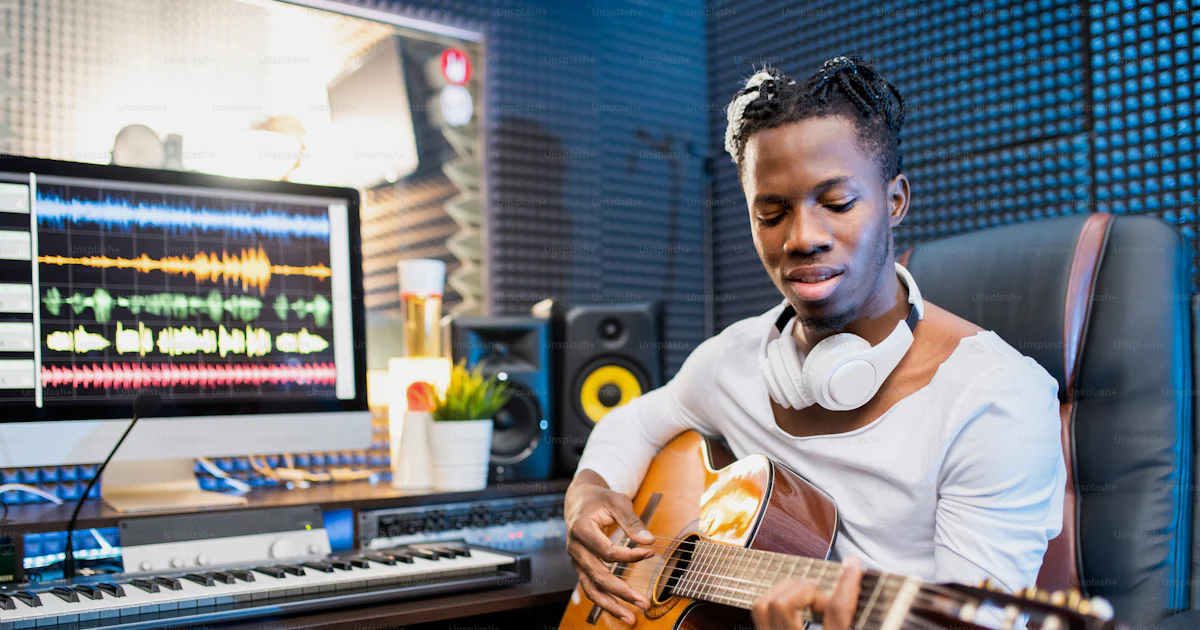 Joven músico o guitarrista contemporáneo en ropa informal tocando la ...