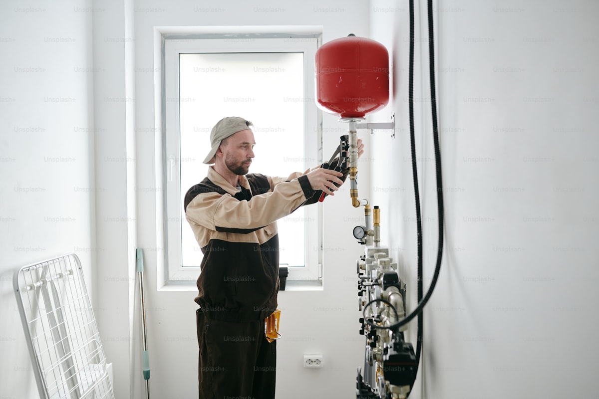 Plumber fixing toilet equipment in a home