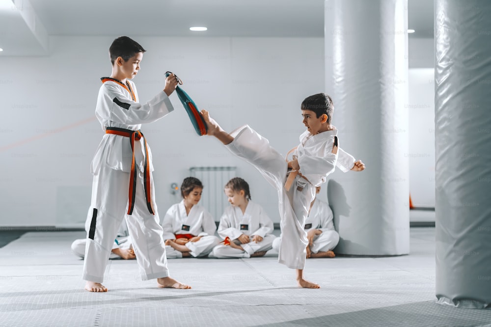 Two young Caucasian boys in doboks having taekwondo training at gym. One boy kicking while other one holding kick target. In background their friend sitting with legs crossed and watching them.