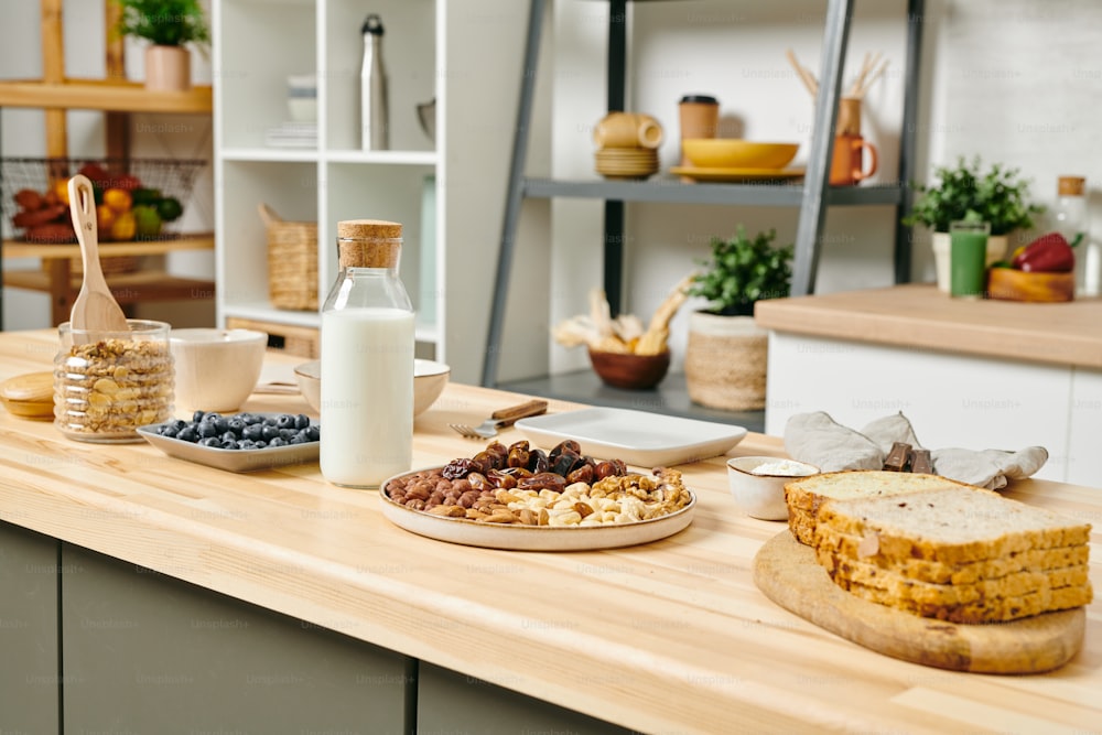 Organic natural vegetarian food on kitchen table