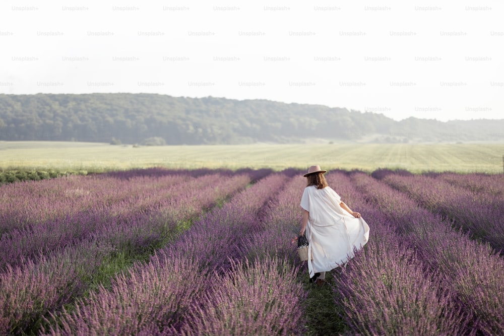 Jeune femme marchant sur un champ de lavande avec un bouquet de fleurs violettes et profitez de la beauté et du parfum de la nature. Calme et concept conscient. Espace de copie