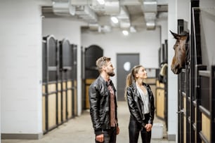 Young couple riders in leather jackets standing with horse in the beautiful stable
