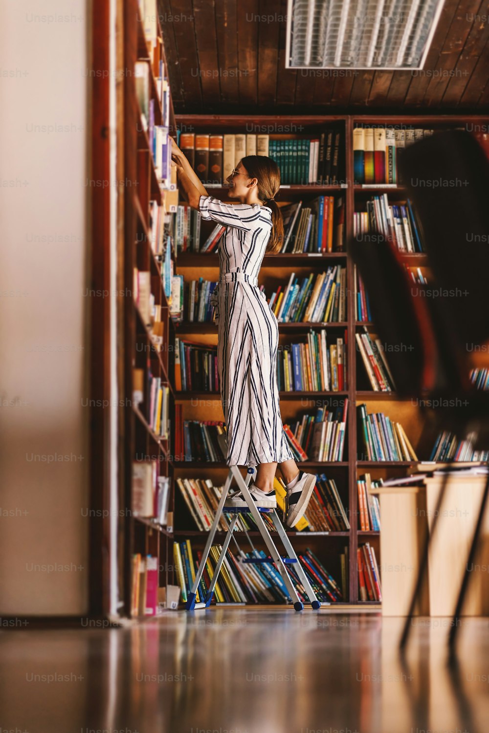 はしごの上に立って本を探している若い魅力的な司書の全長。