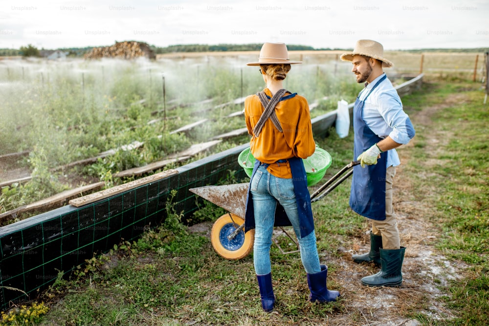 Well-dressed farmers standing on the farmland with green buckets for feeding snails on a farm outdoors. Concept of agribusiness and farming