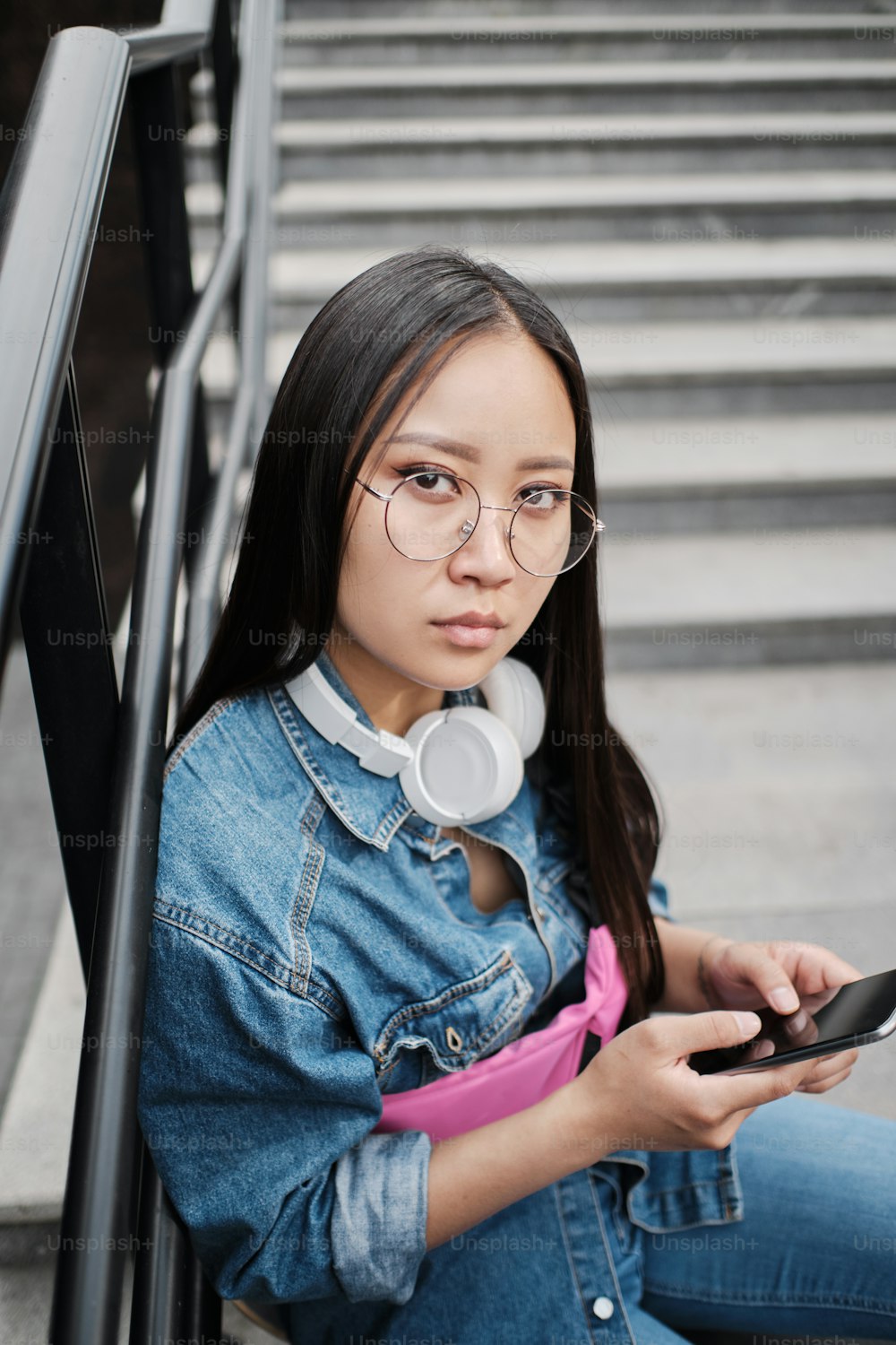 Close up of young asian skater girl sitting on her longboard on the stairs, using smart phone, wearing blue jeans, and pink belt bag, wearing round glasses and white headphones