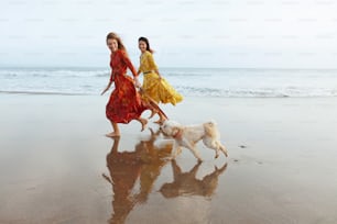 Girls With Dog On Beach. Models In Bohemian Clothing With Pet Running Barefoot On Sandy Coast. Beautiful Women In Maxi Dresses Enjoying Resting On Ocean Shore. Boho Style For Fashionable Look On Resort.