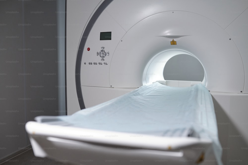 New medical equipment for MRI scanning with table for patient inside contemporary clinics