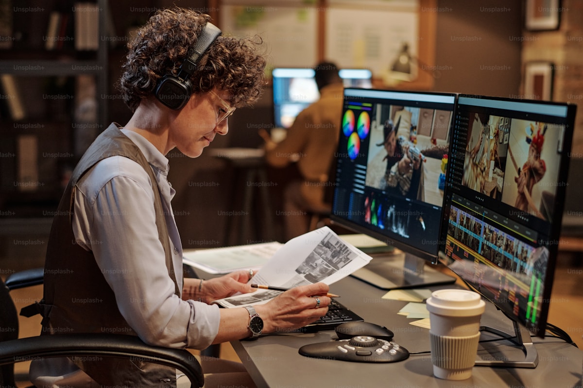Footage editor wearing headphones reviewing script during video editing session