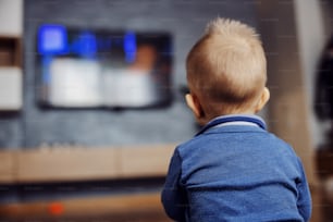 Rear view of focused blond little boy sitting on the floor in living room and watching cartoons on television.