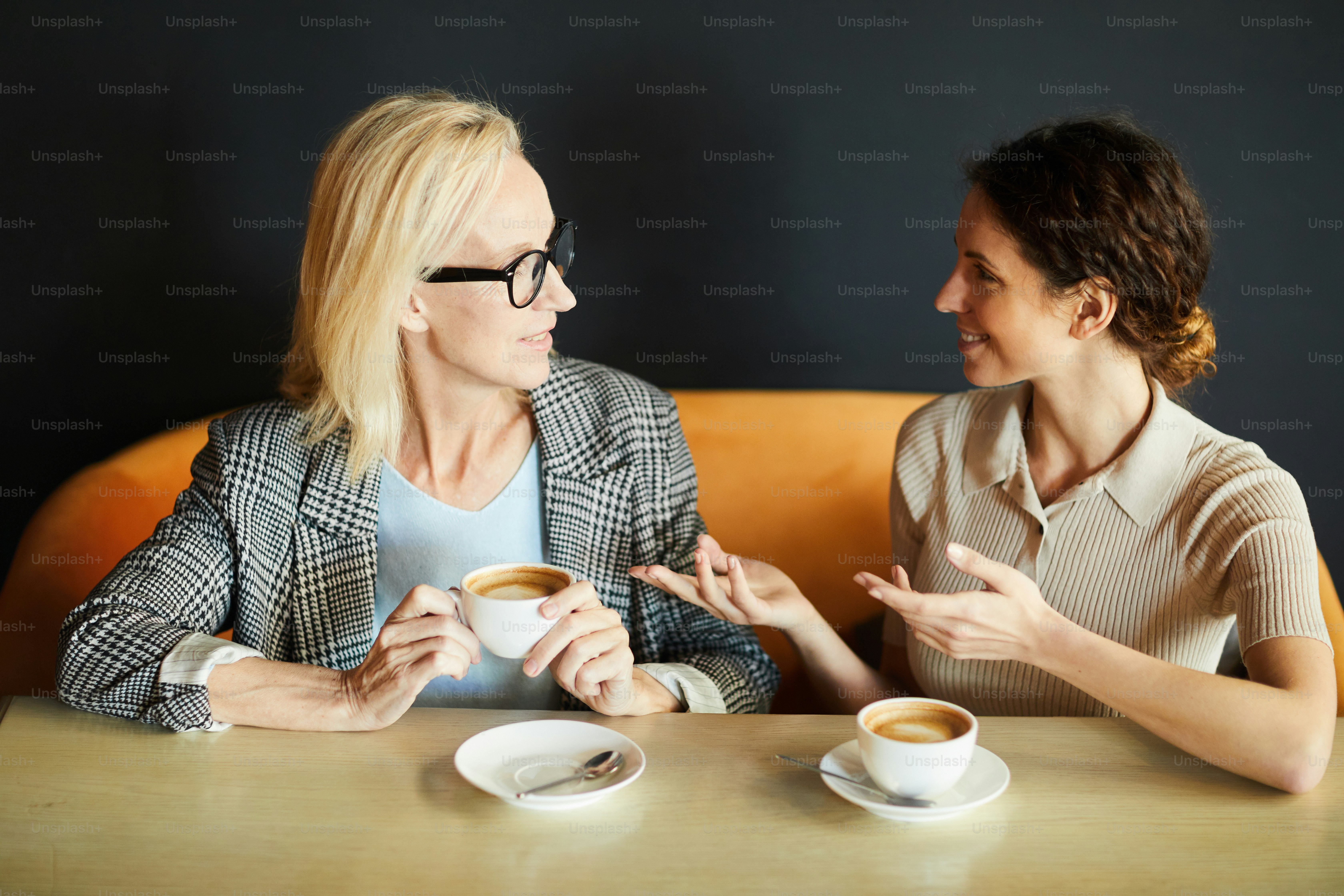 One of two confident women explaining her colleague her viewpoint or idea during discussion of organization moments