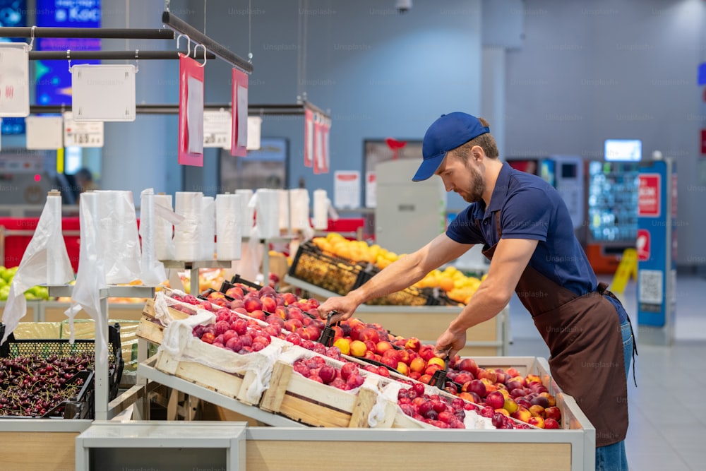 Side view shot of man wearing apron working in store setting out fresh fruits, copy space
