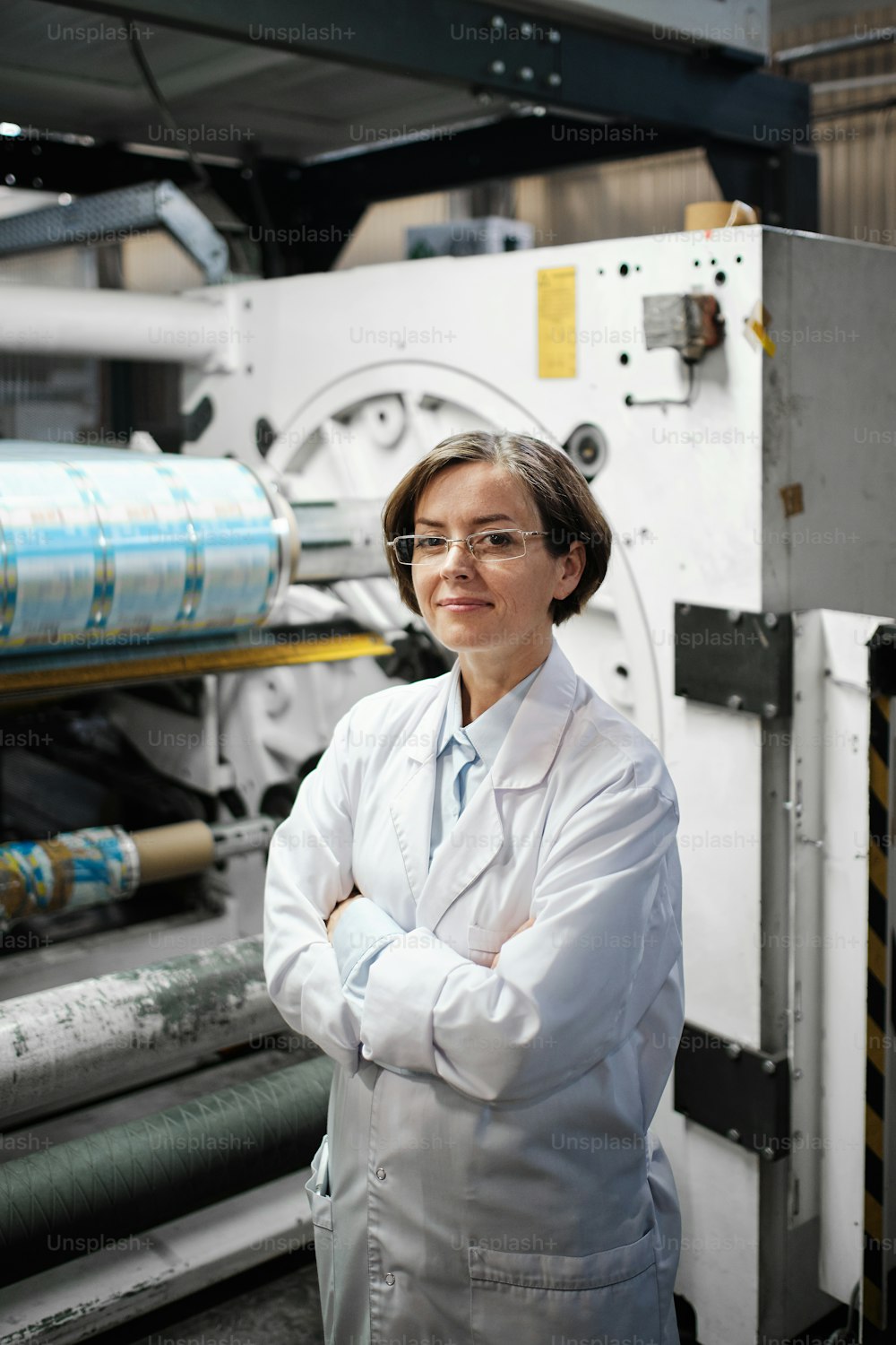 Portrait of female factory worker wearing glasses and white robe at polymer plastic manufacturing, doing quality control and checking machines and mechanisms