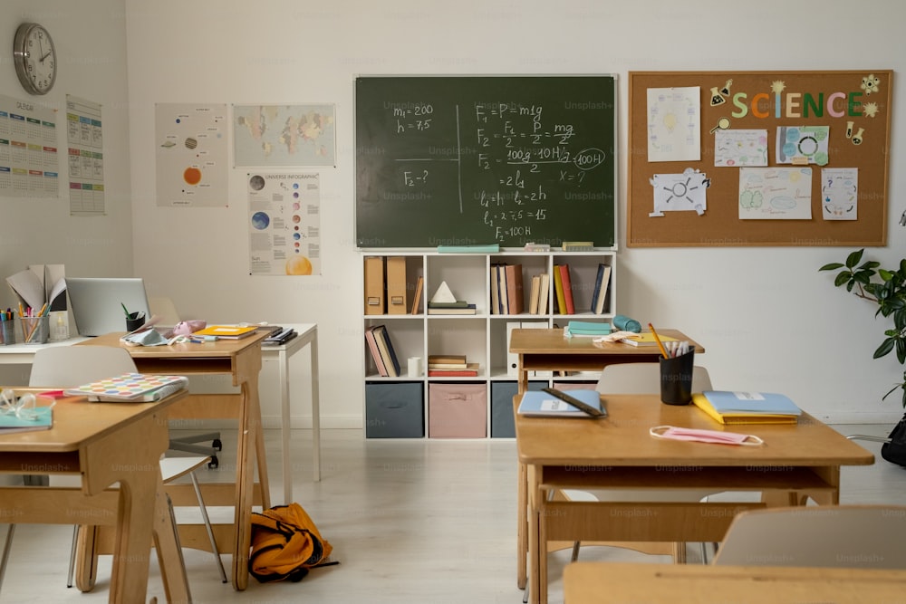 Interior of spacious classroom in contemporary school with no one around