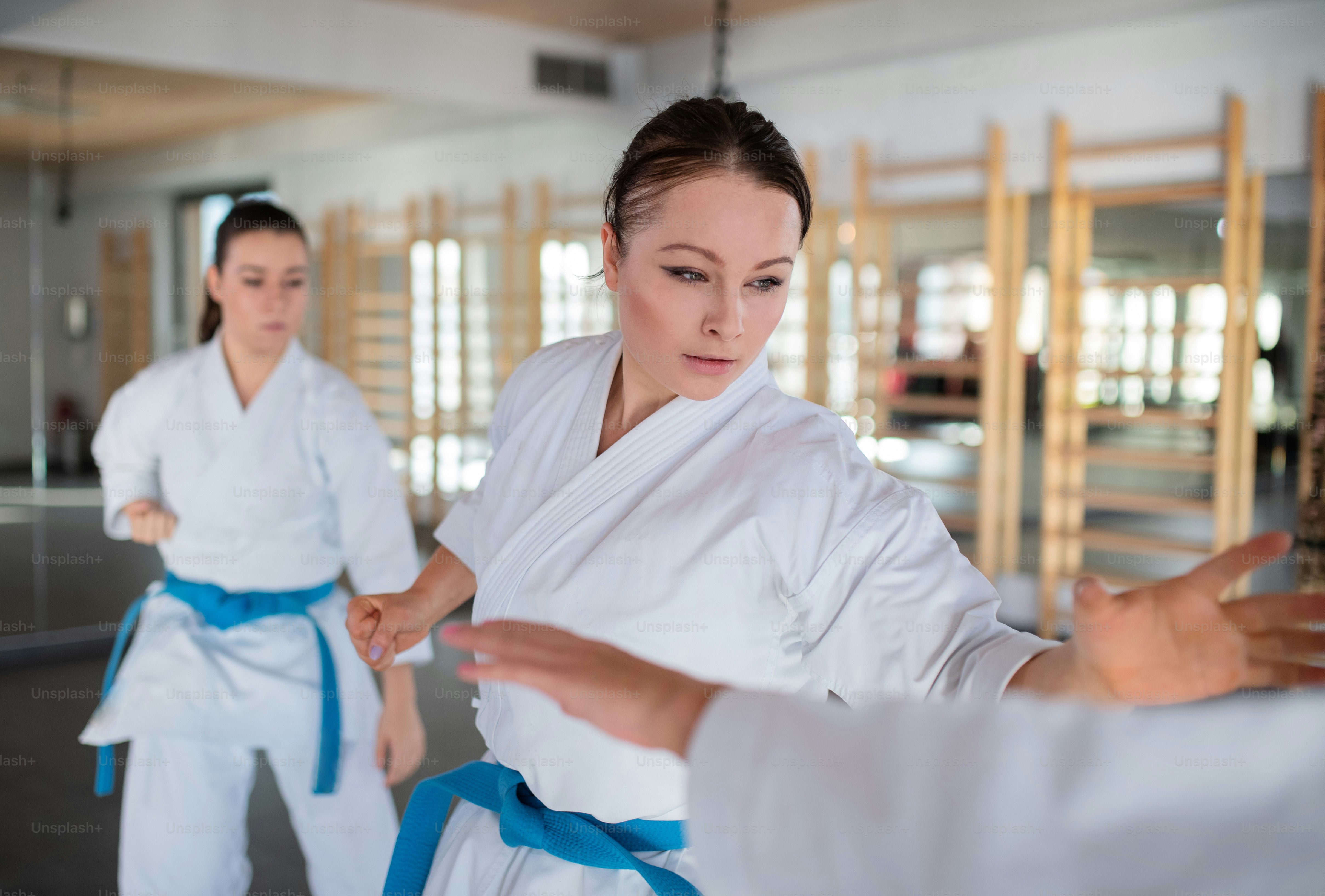 Un grupo de mujeres jóvenes practicando karate en el gimnasio.
