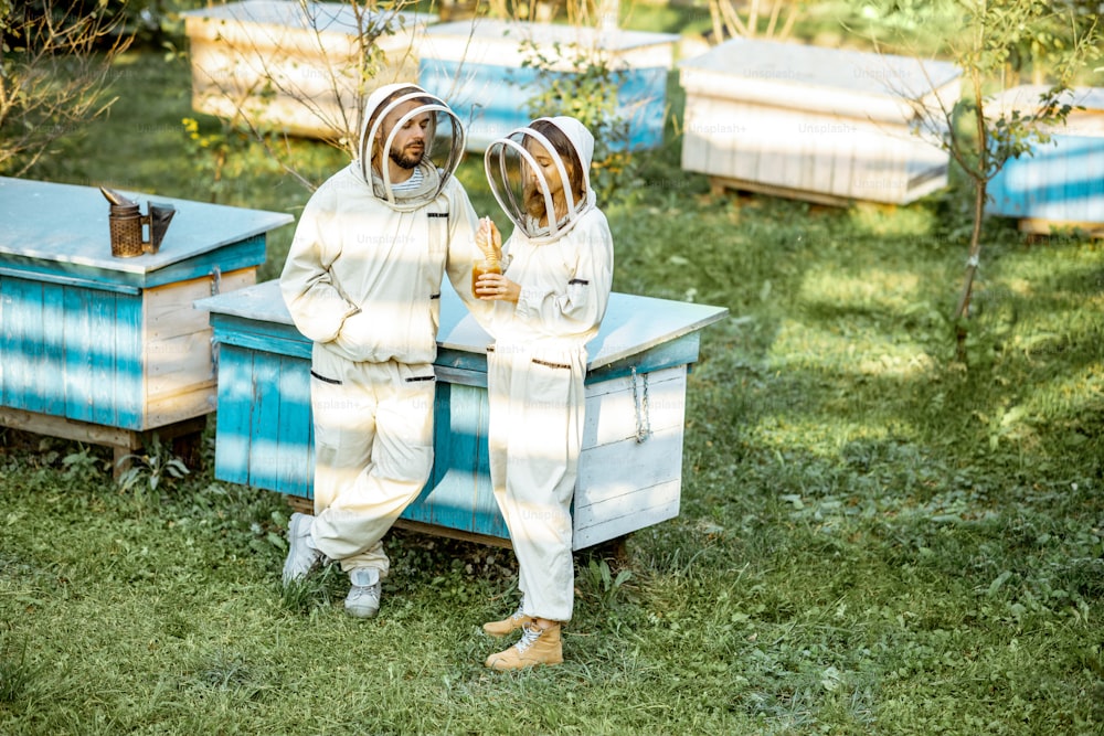 小さな伝統的な養蜂場の木製のミツバチの巣箱のそばに一緒に立っている防護服を着た2人の養蜂家。養蜂と小規模農業の概念