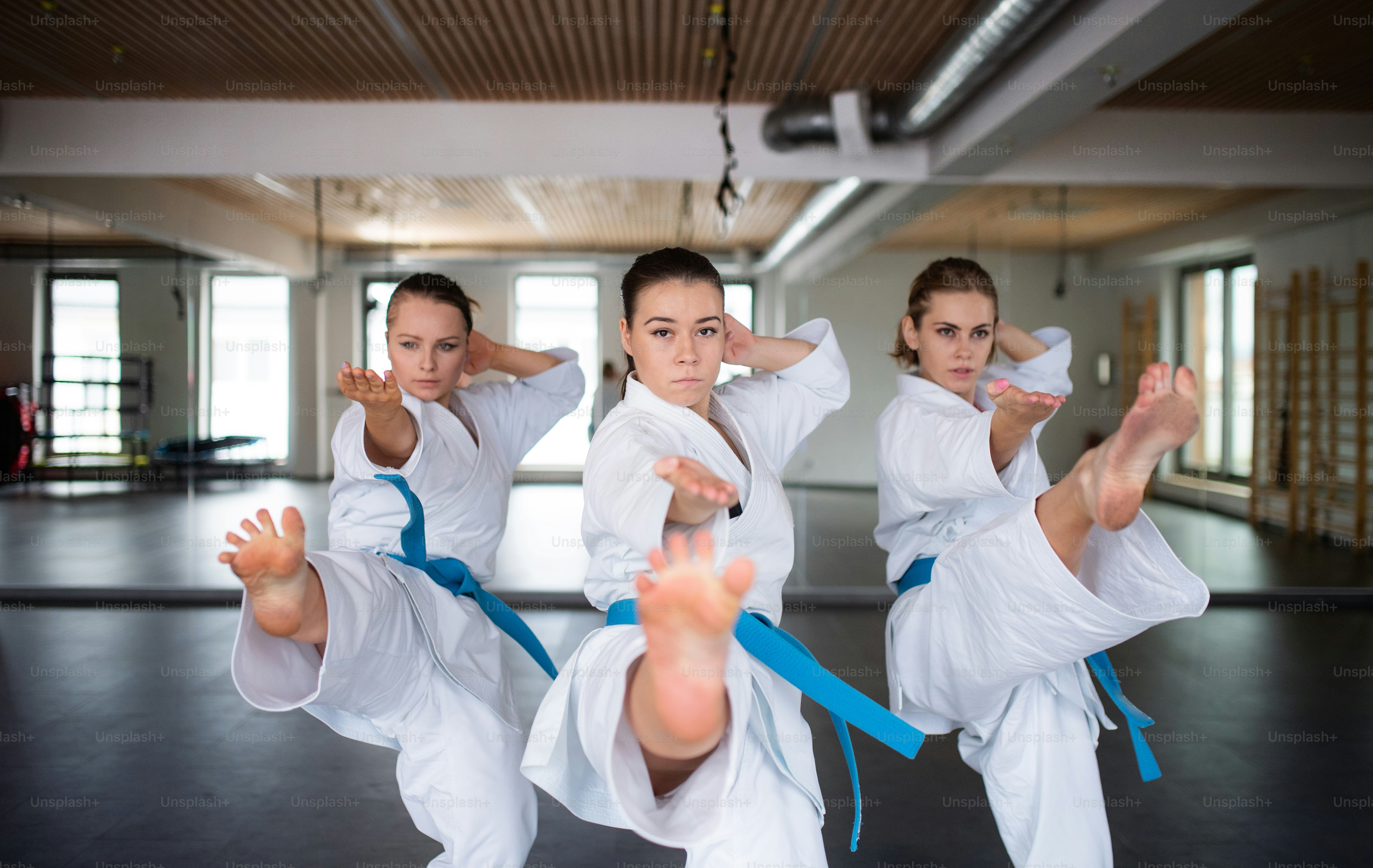 Un grupo de mujeres jóvenes practicando karate en el gimnasio