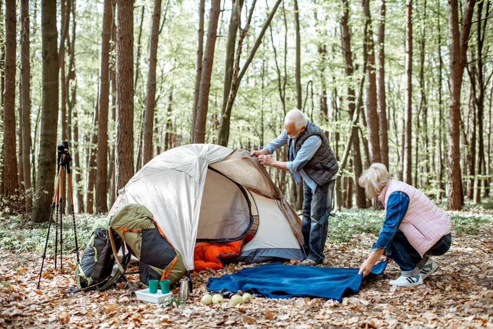 Senior couple preparing for rest, laying out a tent and plaid in the forest