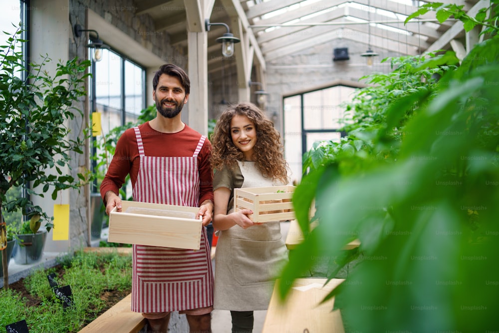 Front view portrait of man and woman gardeners standing in greenhouse, looking at camera.